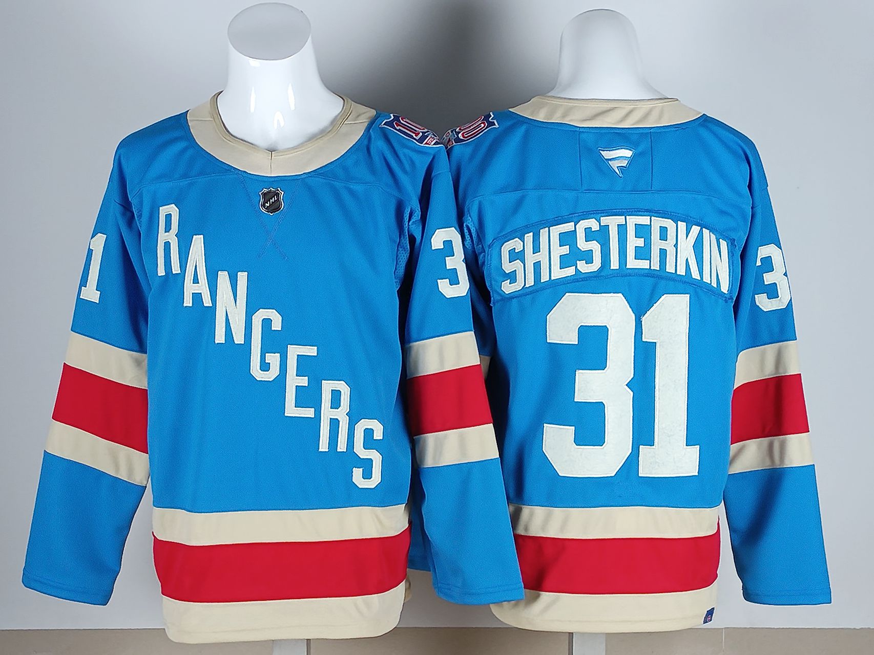 Men 2026 New York Rangers #31 Shesterkin Light Blue 100th NHL Jersey style 01
